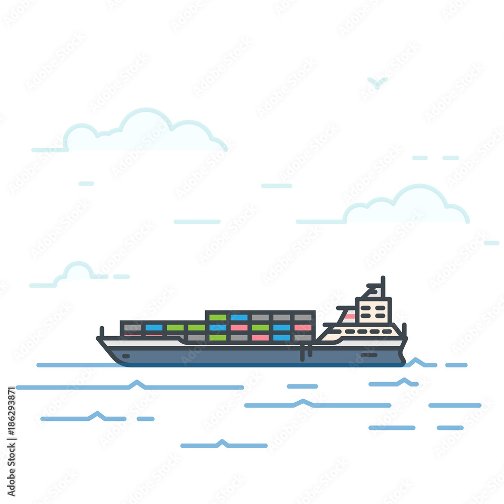 Barge ship with containers and boxes in the sea. Trendy line vector illustration. Big boat on water. Oceanic ship transportation concept. Water transport.
