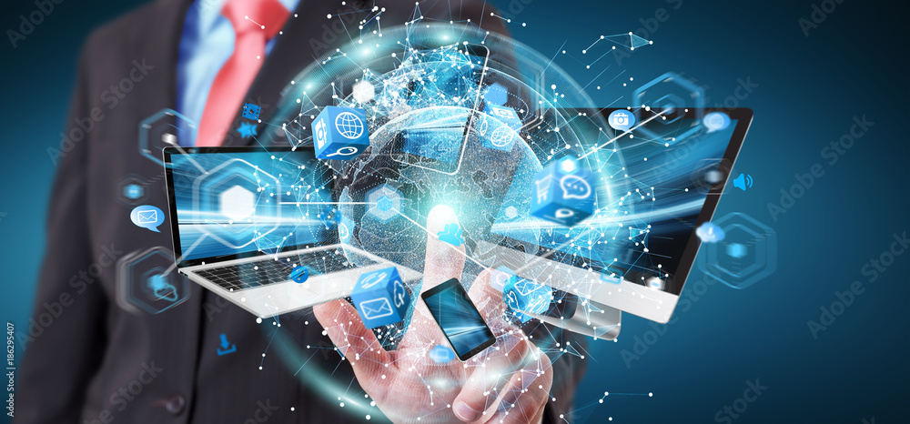 Naklejka premium Tech devices connected to each other by businessman 3D rendering
