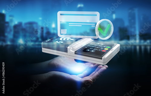 Businesswoman using contactless terminal payment 3D rendering