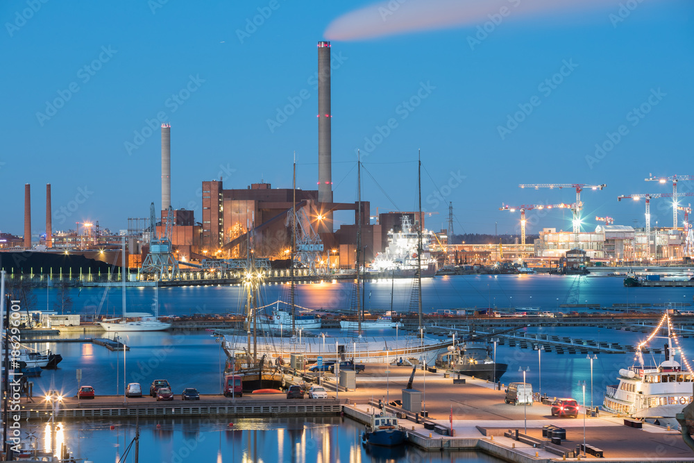 Helsinki, Finland. Evening Night View Of Industrial Zone Of Hanasaari Helsinki, Finland. Evening Night View Of Industrial Zone Of Hanasaari
