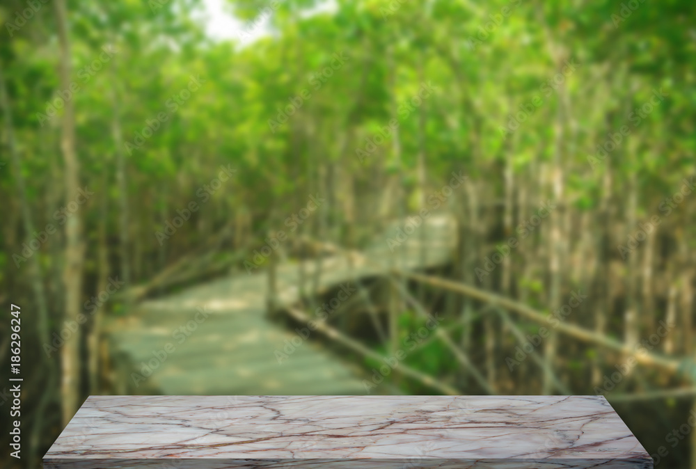natural marble shelves and blur mangrove forest pattern wall background use for product display. natural marble shelves and blur mangrove forest pattern wall background use for product display.