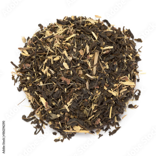 Organic Liquorice (Glycyrrhiza glabra) Green tea. Macro closeup background texture. Top view.