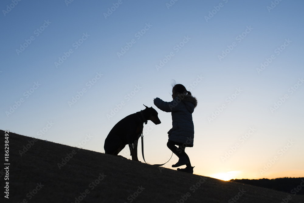 Fototapeta premium ドーベルマンと子供のシルエット