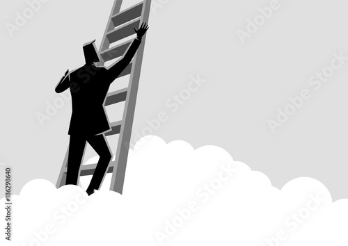 Businessman climbing a ladder above the clouds