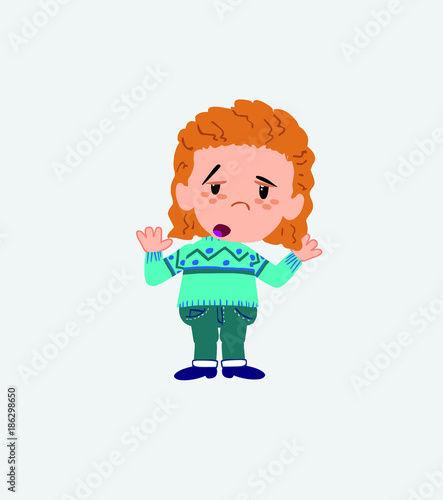 White girl with sweater makes a gesture of tired resignation.