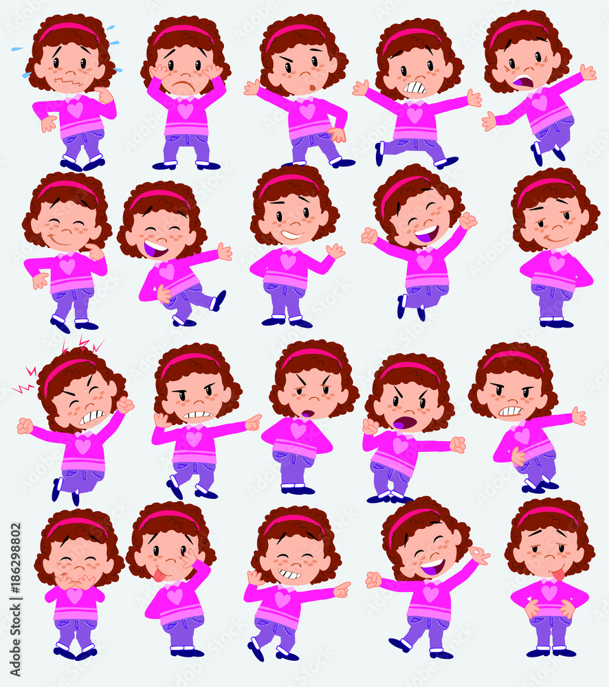 Cartoon character white girl with sweater. Set with different postures, attitudes and poses, doing different activities in isolated vector illustrations. Cartoon character white girl with sweater. Set with different postures, attitudes and poses, doing different activities in isolated vector illustrations.