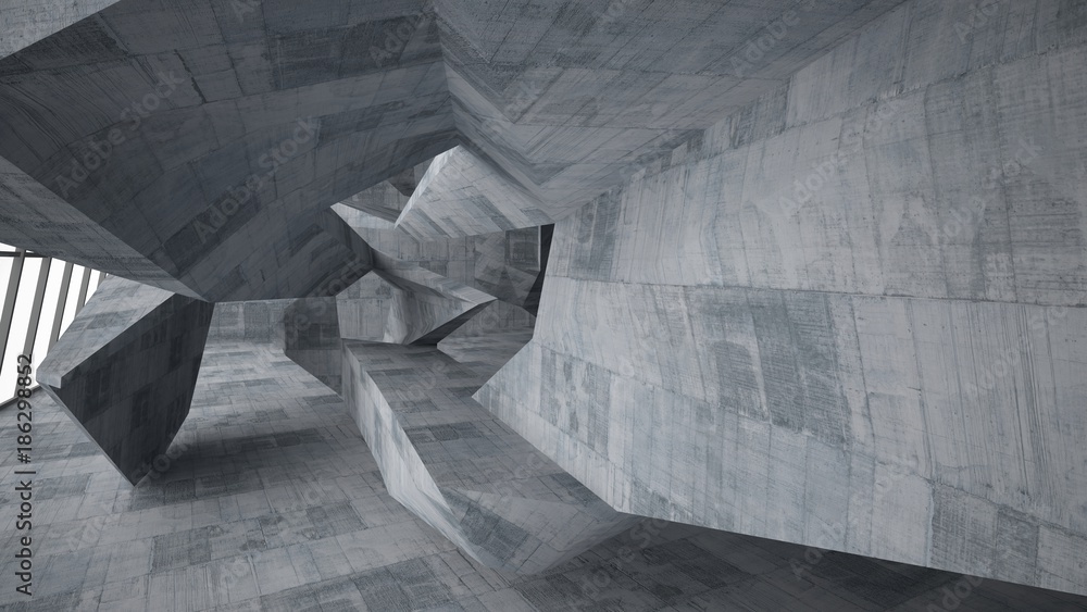 Abstract white and concrete interior multilevel public space with window. 3D illustration and rendering. Abstract white and concrete interior multilevel public space with window. 3D illustration and rendering.