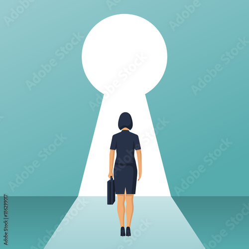 Businesswoman in suit standing in front of keyhole. Solution to problem business concept. Female looks at open opportunities. Walking go to goal. Vector illustration flat design. Isolated background.
