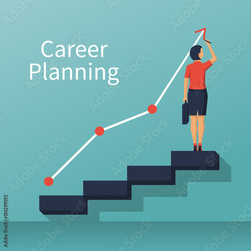 Career planning. Businesswoman draws graph of growth standing at stairs steps. Concept of career growth. Vector illustration flat design. Isolated on background.