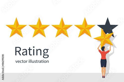 Star rating. Businesswoman holding a gold star in hand, to give five. Feedback concept. Evaluation system. Positive review. Vector illustration flat design. Isolated on white background. Quality work.