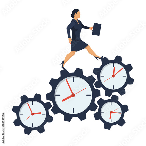 Time management, control. Vector illustration flat design. Isolated on background. Businesswoman run along gear in form of clock. Organization of process. Young successful female.