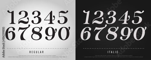 Numbers alphabet letters set. Exclusive Custom Letters. alphabet designs for logo, Poster, Invitation, etc. Typography font classic style, Regular and Italic vector illustrator