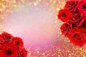 beautiful red roses flower border on soft gold glitter background for valentine or invitation wedding card  ,copy space for text 
