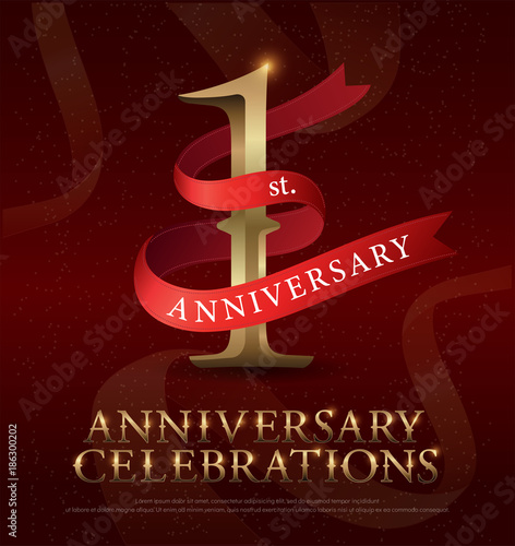 1st year anniversary celebration golden logo with red ribbon on red background. vector illustrator