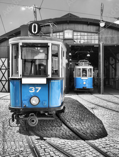 old vintage blue tram