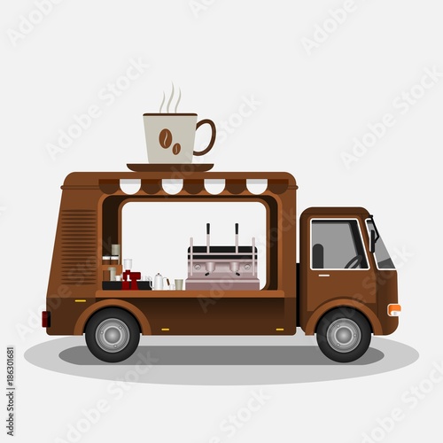 Isolated Side View Mobile Coffee Van Vector Illustration With Espresso Machine and Brewing Equipment for Cafe Related Concept