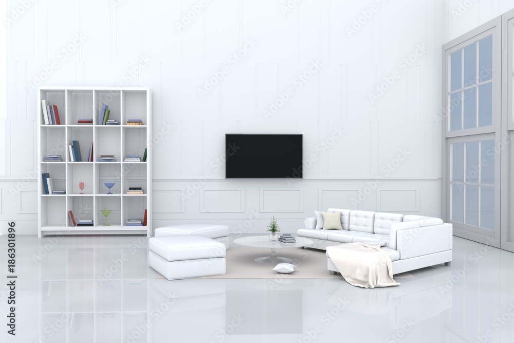White living room decorated with white sofa,tree in glass vase, cream pillows, bookcase, chair, book, television, window, Cream carpet White cement wall it is pattern, white cement floor. 3d rendering