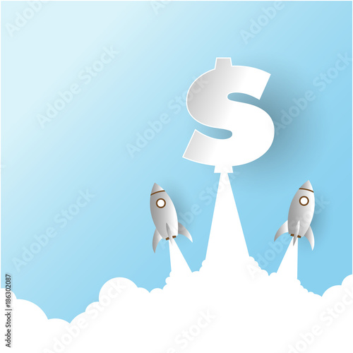 Vector of rocket launch with dollar sign. Rocket ship in a flat style. Flying rocket. Space travel.