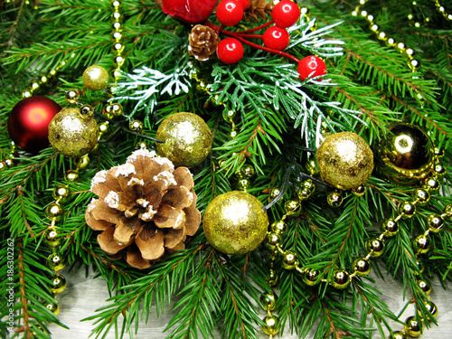 christmas decoration on fir branches background