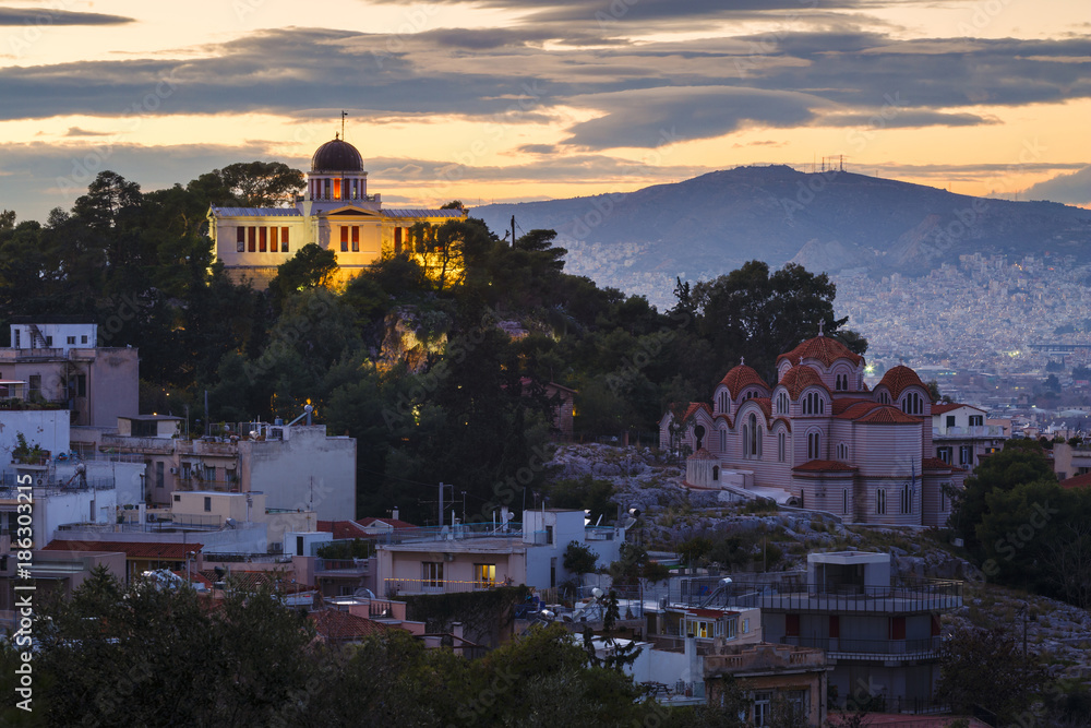Evening view of the National Observatory on the Hill of Nymphs in Athens, Greece. 
