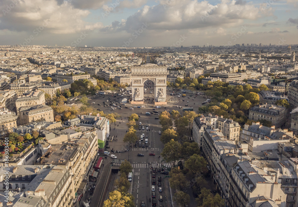 Cityscape of Paris. Aerial view of Triumphal Arch