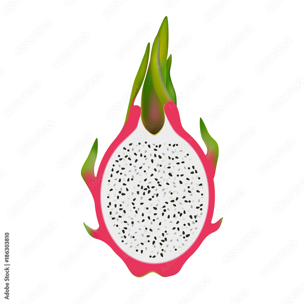 Isolated half of dragon fruit, pitaya, pitahaya on white background. Realistic colored slice. Isolated half of dragon fruit, pitaya, pitahaya on white background. Realistic colored slice.