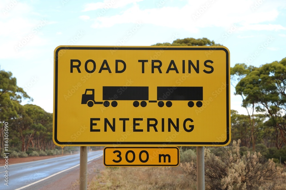 Traffic Sign Attention Road Trains Entering, Australia