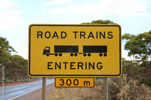 Traffic Sign Attention Road Trains Entering, Australia
