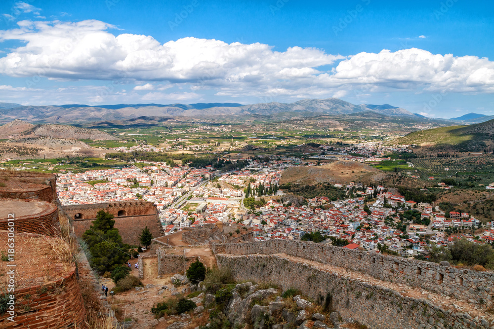 Panoramic view of Nafplio town from Palamidi Castle, Peloponnese, Greece