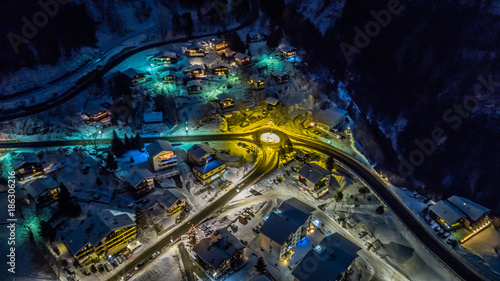 Night Aerial view of a Swiss village on Christmas - Switzerland - Wallis