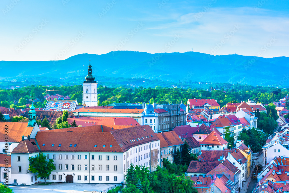 Zagreb city upper town. / Scenic view at upper town in Zagreb city, aerial view at famous landmarks in capital town of Croatia, Europe.