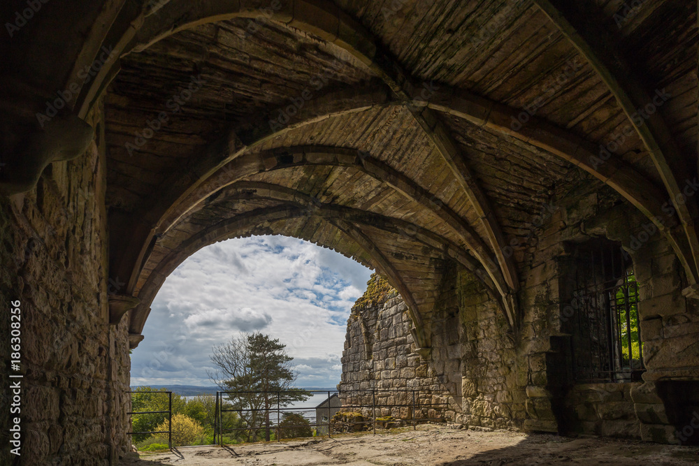 View from inside the ruins of Culross Abbey over the Firth of Forth