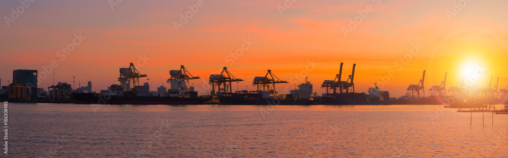 Landscape in the morning view of Klong Toey Port, the important logistic industrial in Bangkok, Thailand