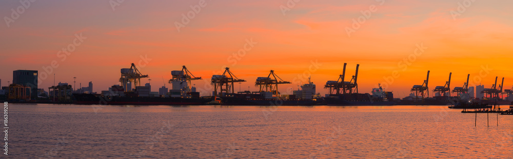 Landscape in the morning view of Klong Toey Port, the important logistic industrial in Bangkok, Thailand