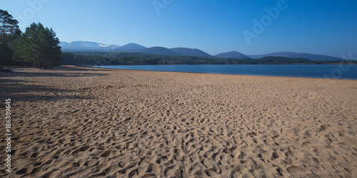Sandy beach of Loch Morlich with pine forest and the mountains of the Cairngorms in the background in May