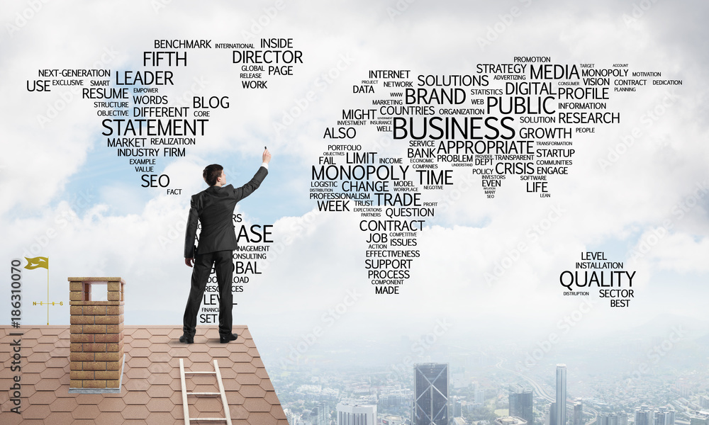 Businessman on brick roof draw world map as concept of globalization. Mixed media Businessman on brick roof draw world map as concept of globalization. Mixed media