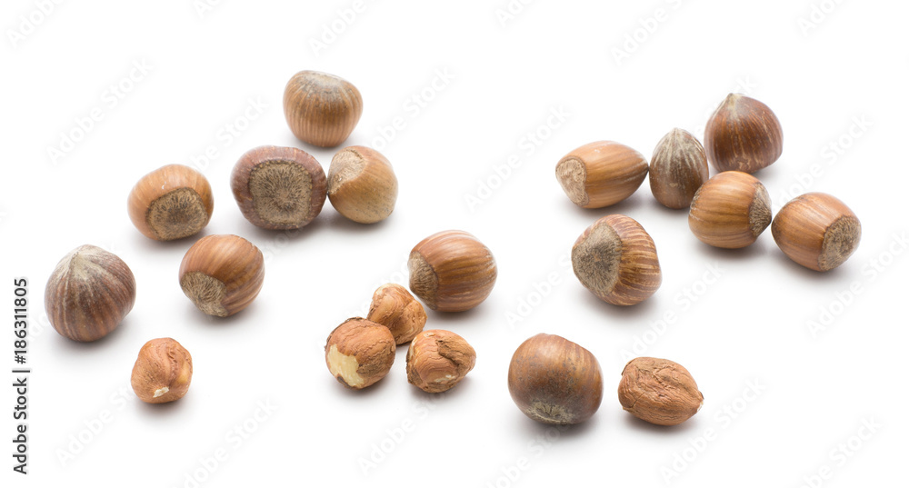 Hazelnuts isolated on white background.