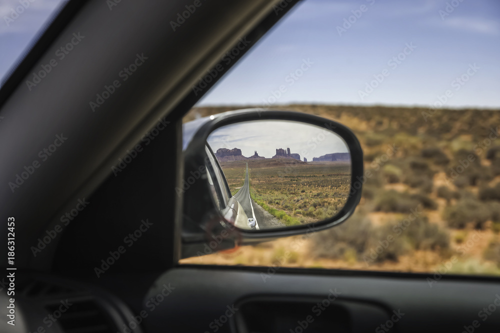 Monument Valley seen trough a rear-view mirror