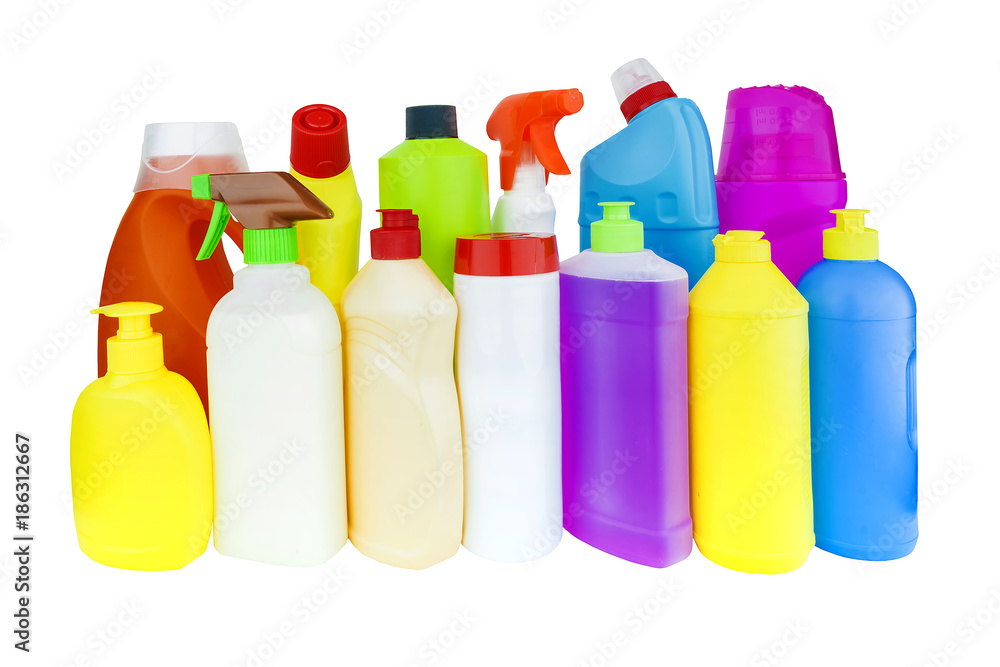 multicolored bottles with household chemicals multicolored bottles with household chemicals