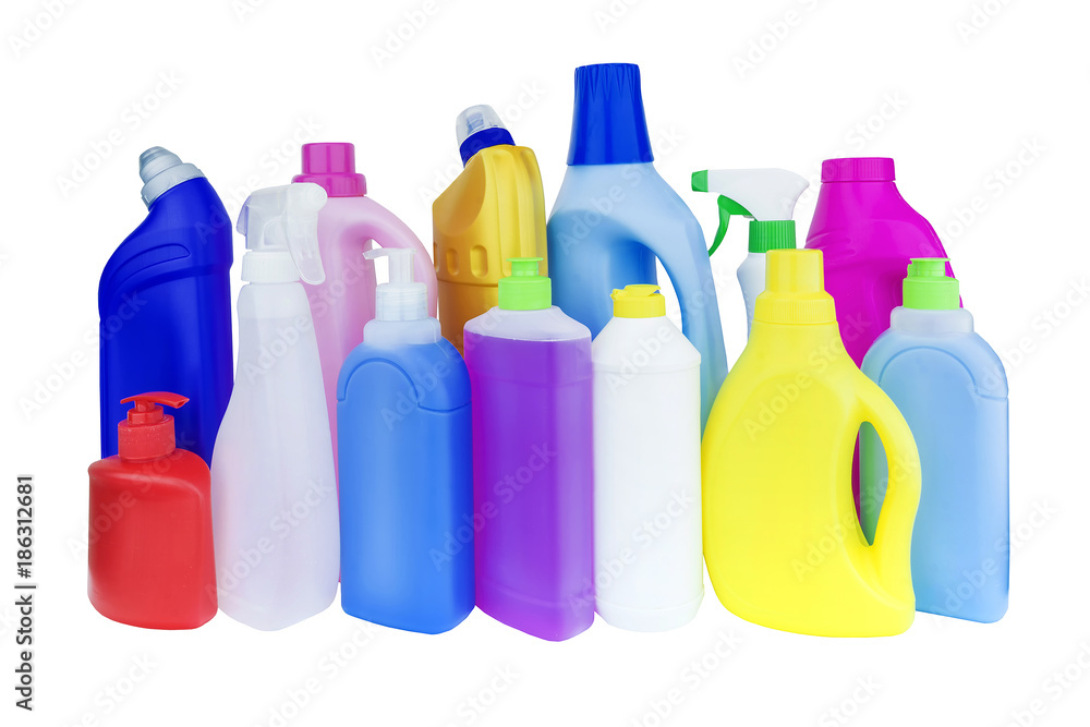 multicolored bottles with household chemicals multicolored bottles with household chemicals