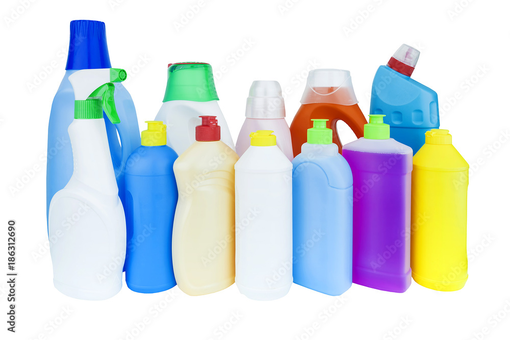 multicolored bottles with household chemicals multicolored bottles with household chemicals