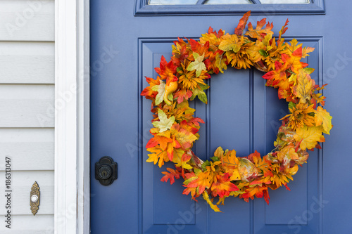 Wallpaper Mural Blue front door with festive autumn wreath Torontodigital.ca