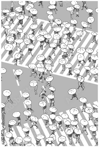 Illustration of busy street crossing from high angle view in black and white grey scale