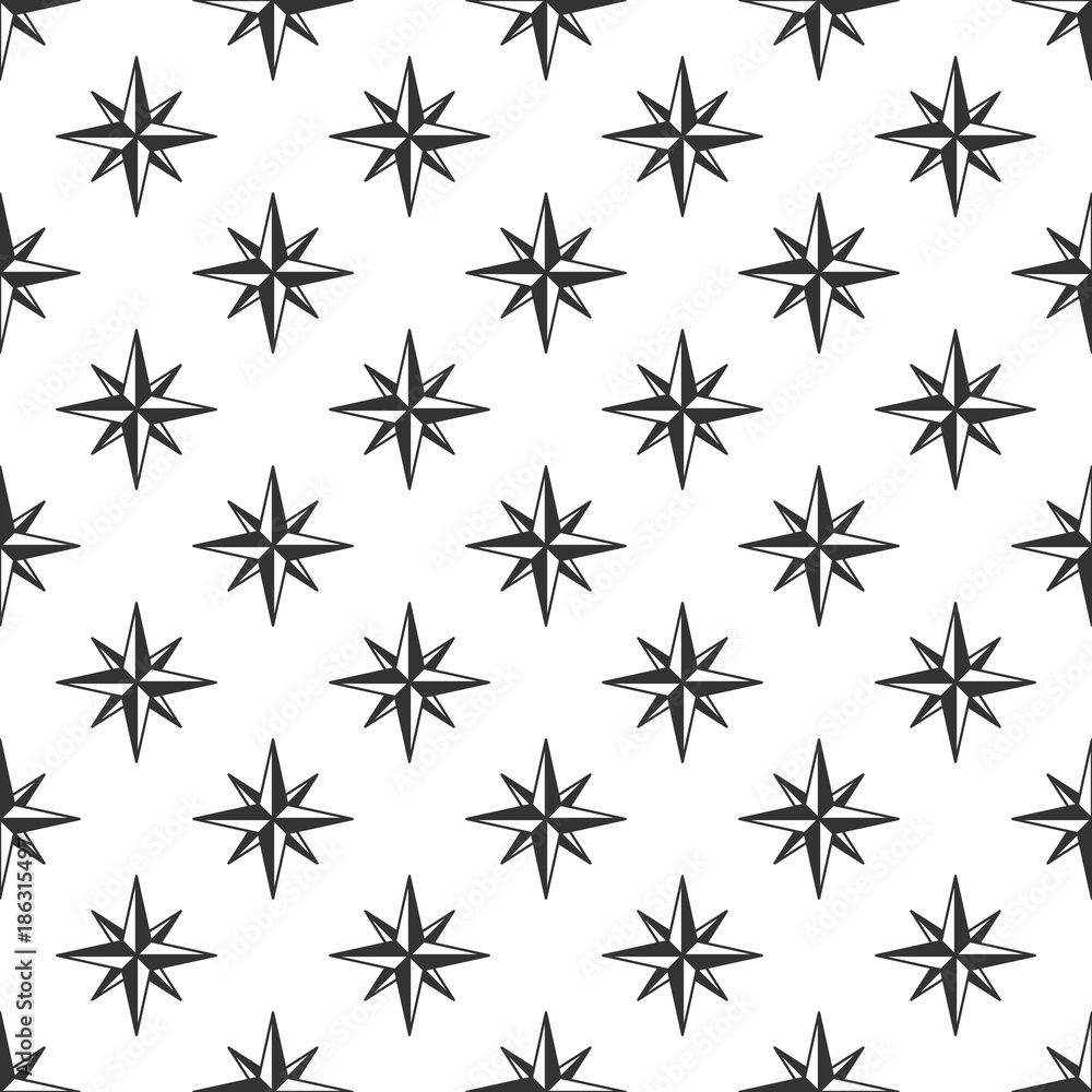Wind rose seamless pattern for t shirt, wallpaper, clothing. Compass in retro monochrome style. Vintage design. Stock background
