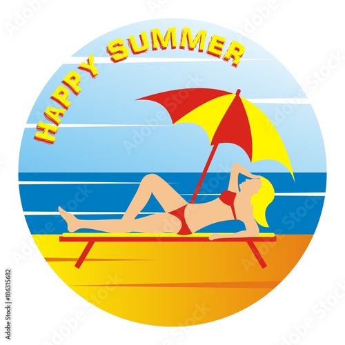 Happy summer  woman on beach deck and parasol vector icon