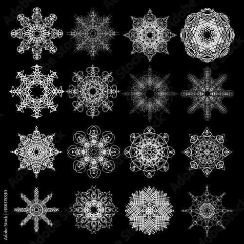 Chakra concept set. Spirituality and peace in ornate mandala hand drawn symbol s isolated on white. Buddhism esoteric flash tattoo spirit motifs. Om symmetric symbol imitation yoga mandala . Vector.