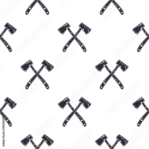 Vintage hand drawn crossed axes shape seamless. Retro monochrome lumberjack or mining pattern. Can be used for t shirts, prints, logotype, badges, icons and other identity. Stock 
