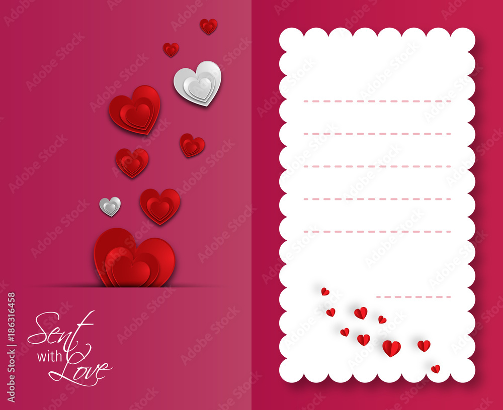 love Invitation card Valentine's day balloon heart on abstract background with text love, paper cut pink and blue heart. Vector illustration.