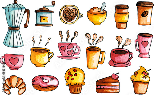 Hand Drawn Watercolor, Coffee Illustrations Set