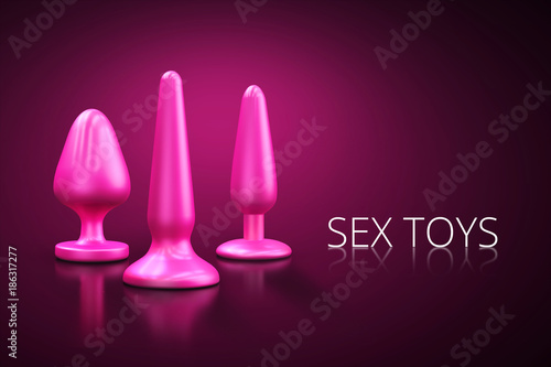 Different bdsm toys - dildo, prostate massager, vibrator, anal plug and others on a pink background. There is an empty space for your text. 3D illustration.